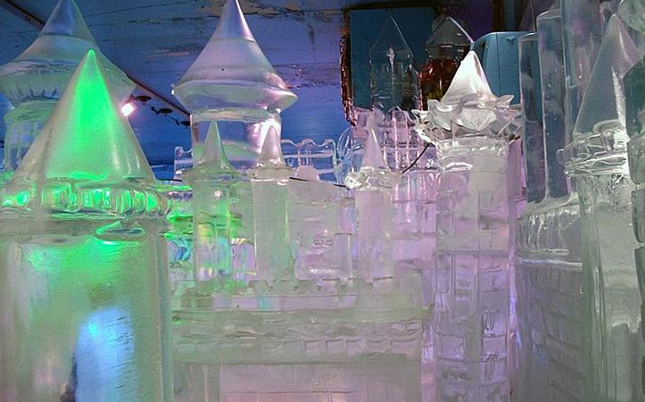 Ice sculptures featured in the Ice Gallery in Seoul include the Eiffel Tower and the Leaning Tower of Pisa.