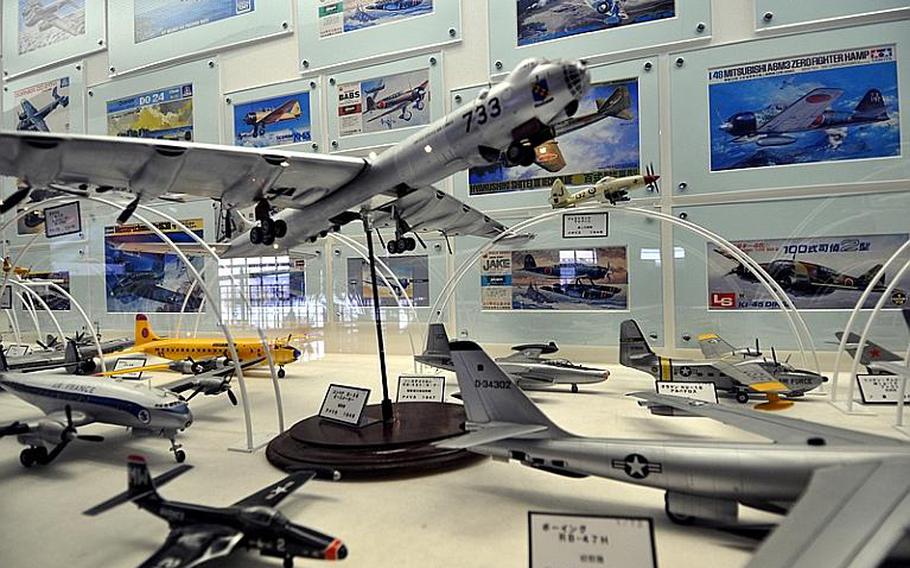 Hundreds of model airplanes line a long hallway on the second floor of the Misawa Aviation and Science Museum Aomori. The museum is a popular weekend destination.