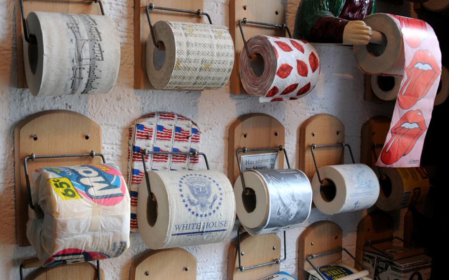 The Klooseum's collection of decorated toilet paper.