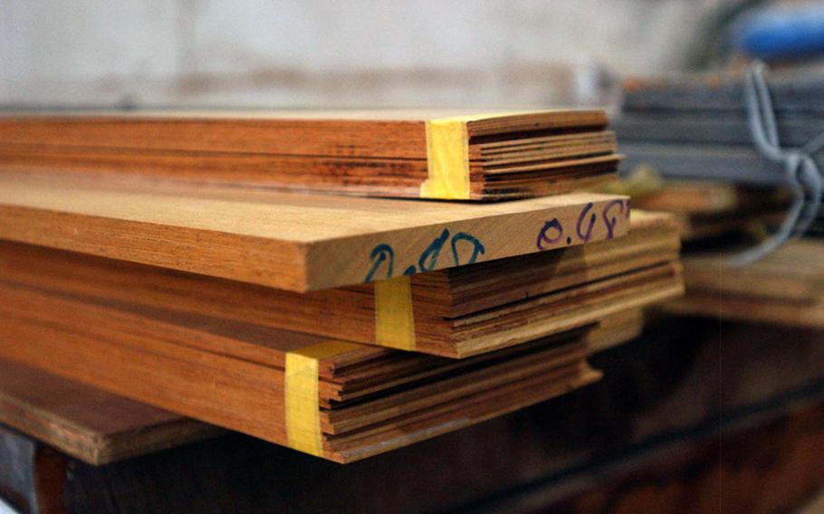 Sueshiro Sano uses this mahogany imported for Honduras to handcraft bicycles. This stack would eventually be turned into frames, forks and handlebars.