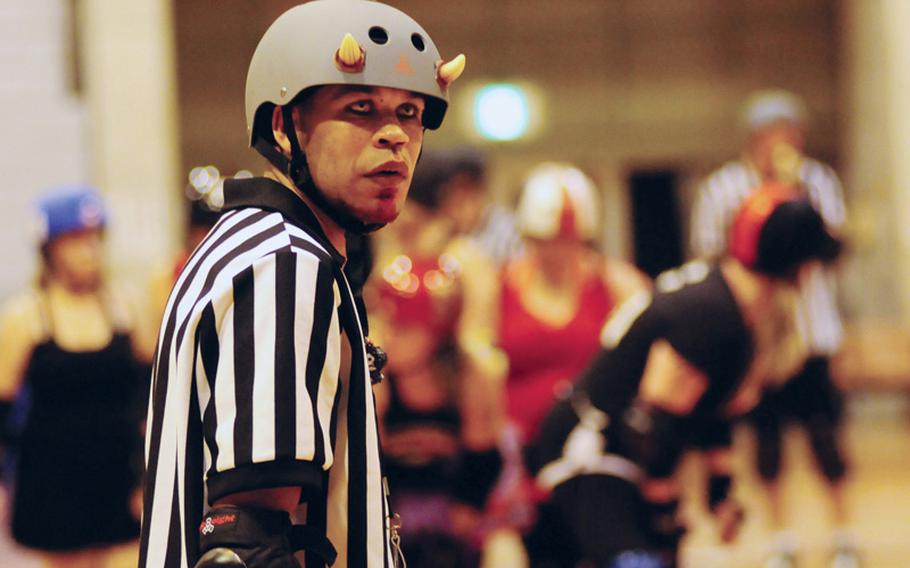 Rahsaan “Kra-z I’s Redbone” Towler was one of the many referees who volunteered for the Kokeshi Roller Dolls first bout at Comprehensive Park on May 14.