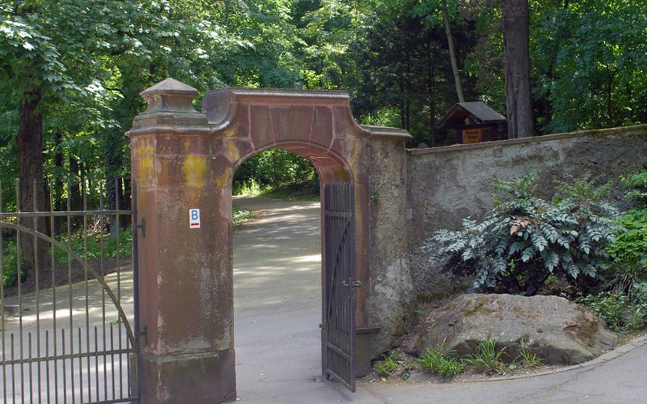 Entry from  Wienheim's Schlosspark to the city's Exotenwald, or exotic wood, is through an old stone gate. There is no admission charge for the woods.