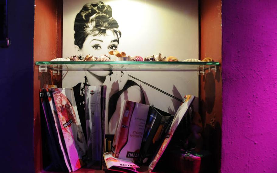 Much of the decor in G.H. Mumm is Hollywood-based, like this portrait of Audrey Hepburn.