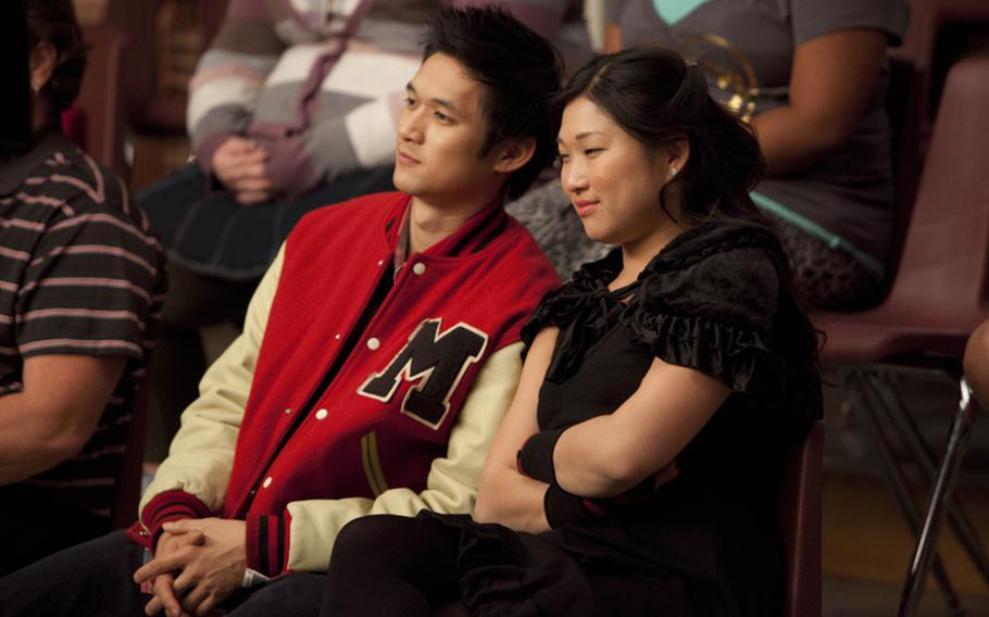 Mike (Harry Shum, Jr.) and Tina (Jenna Ushkowitz) in "The Sue Sylvester Shuffle" episode of Glee.