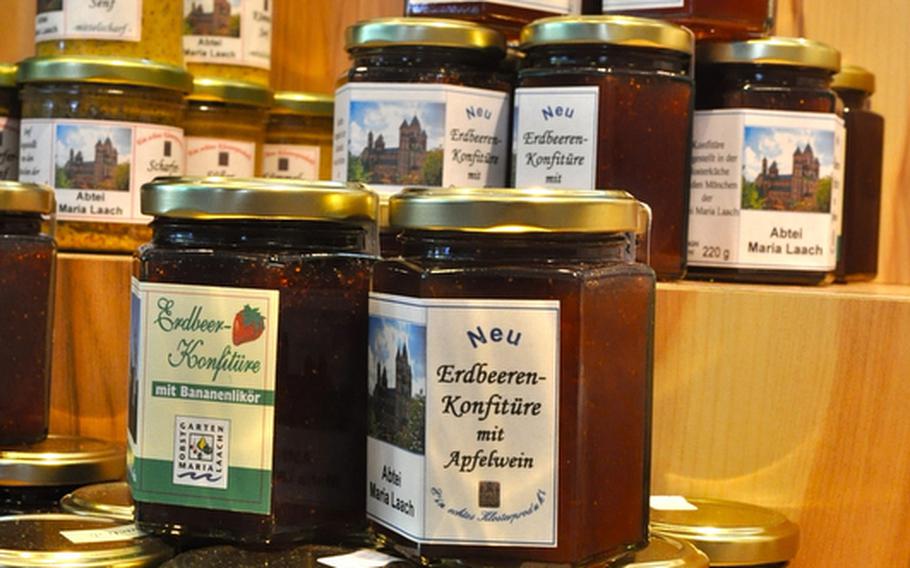 Jars of jam produced from fruit picked at an orchard that is part of the Maria Laach Abbey. A lone monk, Father Jacobus, makes the jams, which come in myriad flavors, including strawberry, raspberry and cherry. He also makes apple butter.