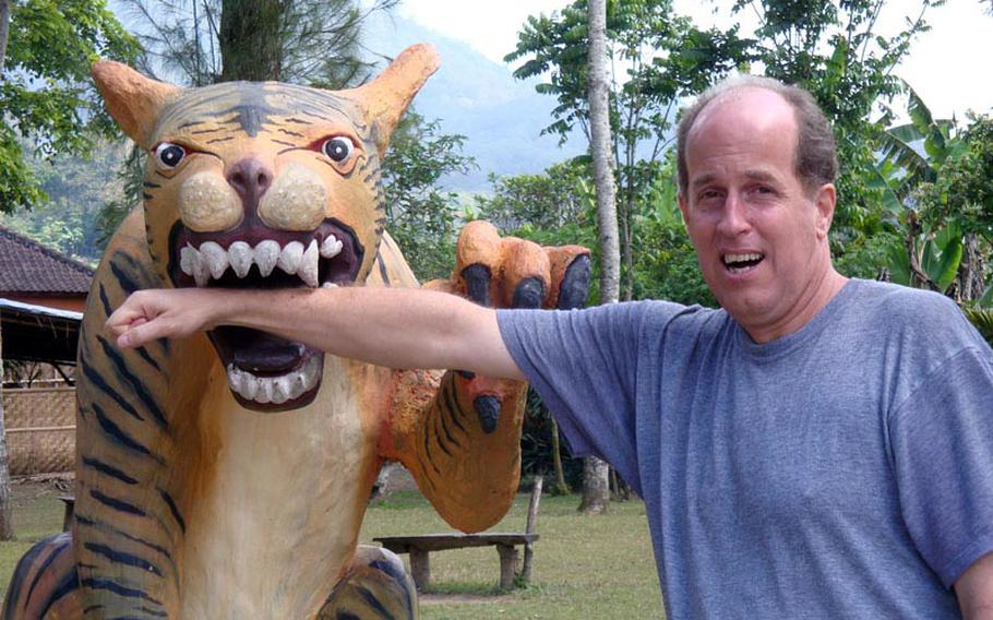 Stars and Stripes reporter Jon Rabiroff pretends to brace for the bite from a tiger statue during a July vacation on the Indonesian island of Bali. He did so in making light of an earlier attack from a monkey, who bit Rabiroff in the arm and prompted him to go back and forth about whether to seek extensive treatment in connection with the incident, or shrug it off as just another vacation mishap.