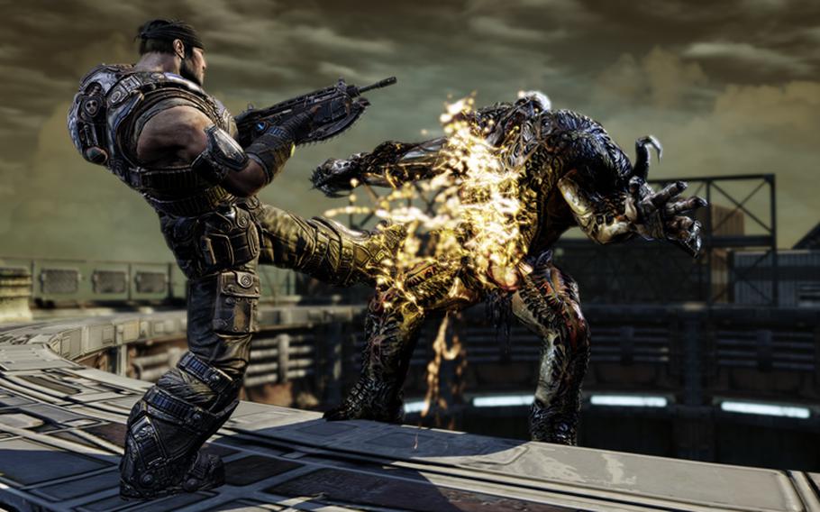 Marcus Fenix battles a Lambent-infected Locust in a scene from ''Gears of War 3.''