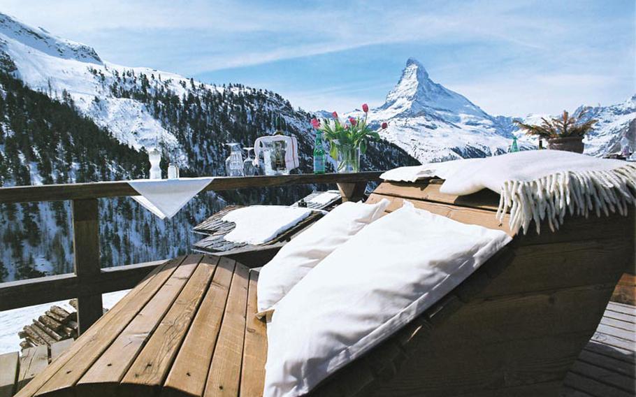 After an invigorating run on the slopes, skiers can relax in the sun and enjoy a drink on the terrace as they taken in the dramatic scenery --- including a view of the Matterhorn --- surrounding Chez Vrony in Zermatt, Switzerland.