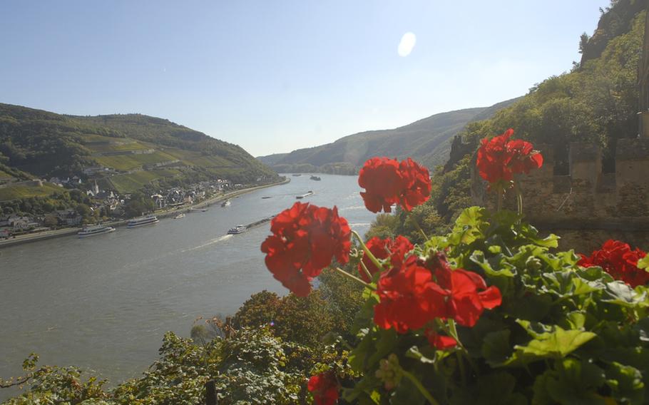 Burg Rheinstein overlooks the Rhine River in Germany's picturesque Lorelei Valley.