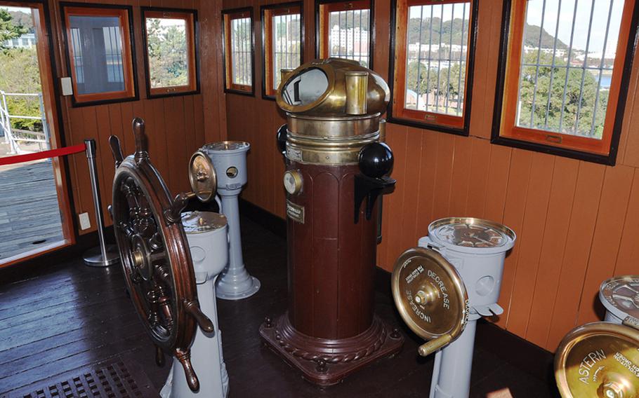 The steering room aboard Mikasa looks like something out of Jules Verne. I wanted to drive, but I was informed the ship is cemented in place.