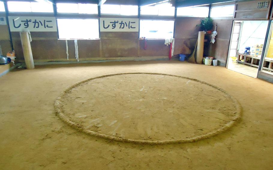 The dirt ring at the Sadogatake sumo wrestler stable in Fukuoka, about two hours by bus from Sasebo Naval Base, after a morning training session.