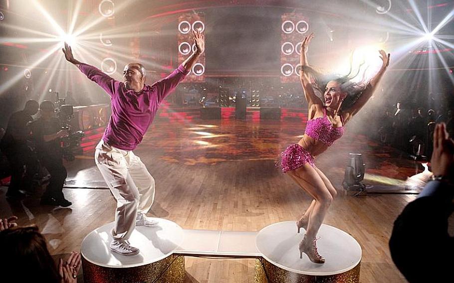 All three couples competed against one another with two dances on the last week of "Dancing with the Stars." J.R. Martinez and Karina Smirnoff's first number was a style the couples had not yet done, the cha-cha-cha. Then all three teams did a freestyle dances. Team Smirnoff's was Latin-based. 