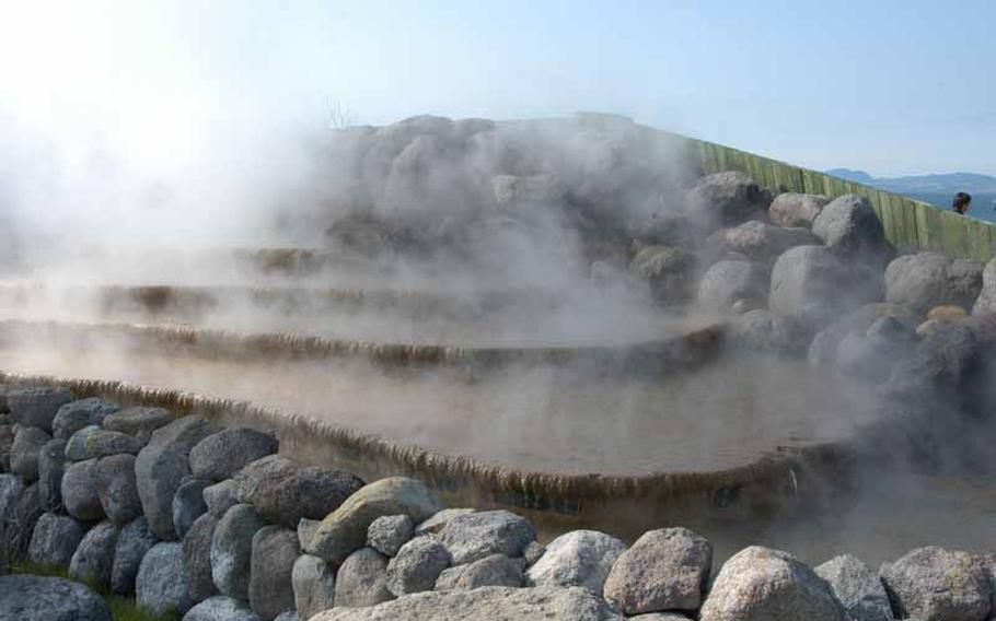 Steam rises from the ground at the onsen that lies at the foot of the active Mount Unzen volcano in Obama, Japan. The small town, about two hours by car from Sasebo, should not be confused with its much bigger sister city up north, but shares the name of President Barack Obama nonetheless.
