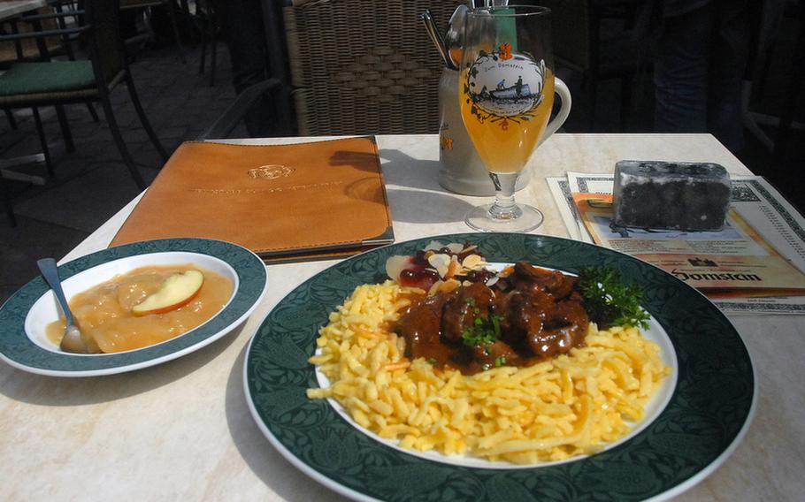 One of the more popular wintertime favorites at Zum Domstein in Trier, Germany, is a hearty serving of venison. The venison is served with a juniper sauce, spaetzle and stewed apples.