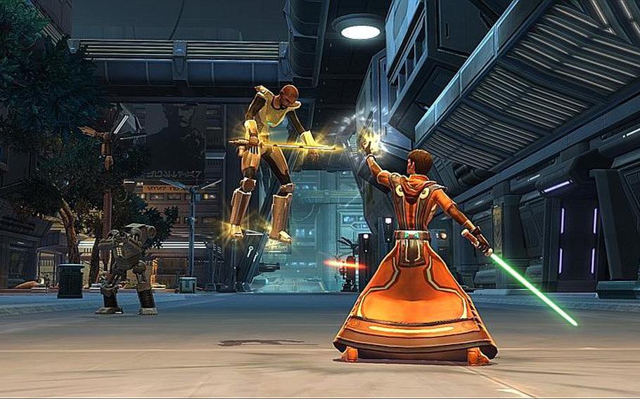 A Jedi consular uses the force to lift an opponent in 'Star Wars: The Old Republic.'