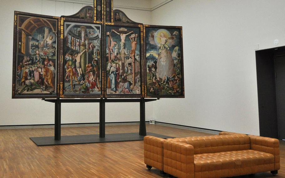 The Herrenberg Altarpiece at the Staatsgalerie was created in 1519 by German painter Jerg Ratgeb. The panels display scenes from the Crucifixion of Jesus Christ.