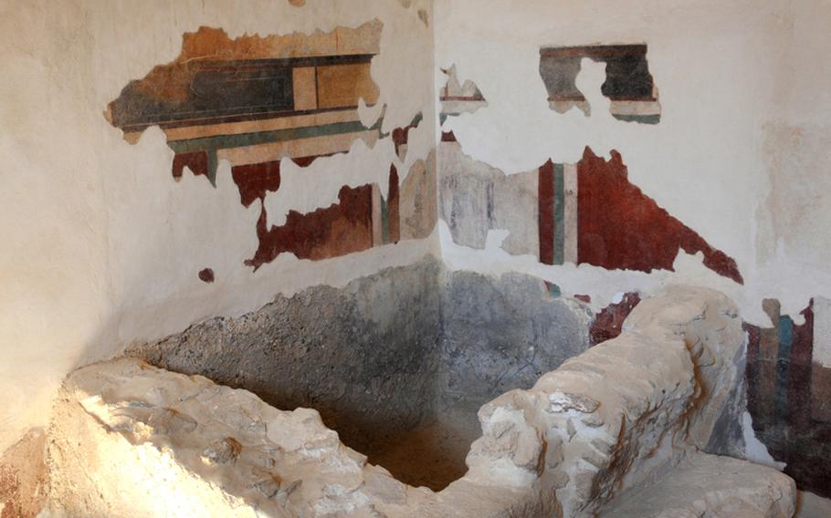 Colorful frescos, Pompeii style, were among the discoveries by archaeologists at Masada. The frescos once decorated one of the baths in the ancient fortress.