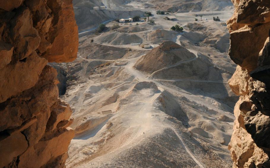 Dramatic and breath-taking desert views surround the mountaintop fortress of Masada in Israel.