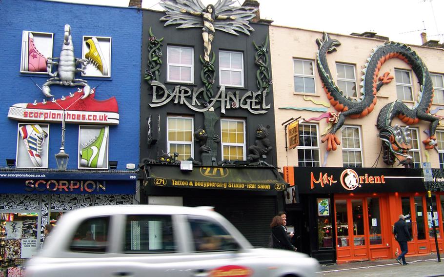 Colorful, creative storefronts on Camden Town's High Street let visitors know they are in for a treat in this part of town. This is London's Goth Zone, and many shops in this area sell the latest in Goth attire and accessories.