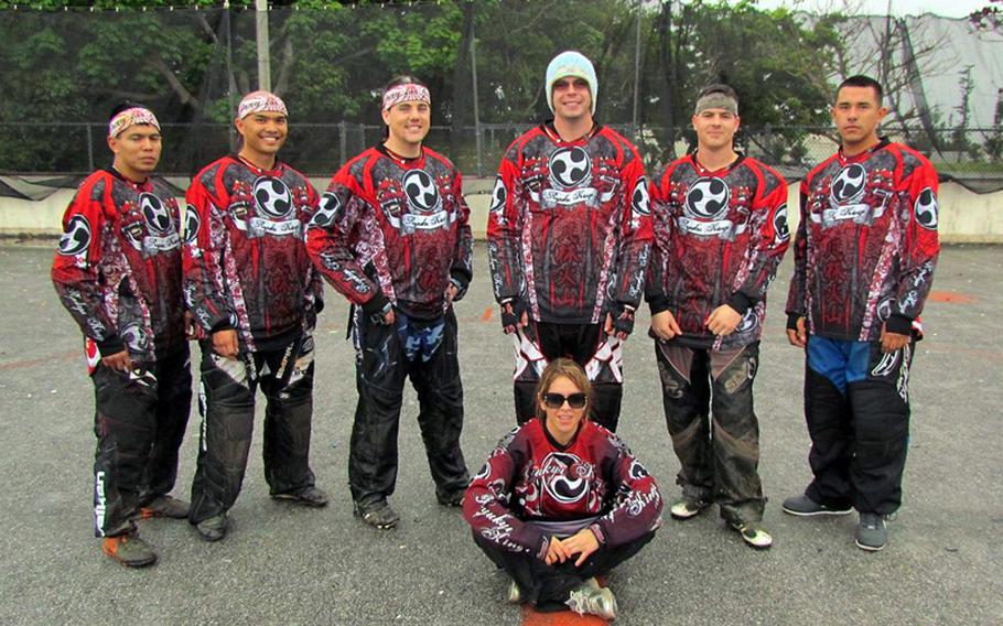 The Okinawa-based members of the Ryukyu Kings, from left: Eric Contreras, Conrad Bidal, Will Sides, Chris Gruber, Joe Freeman, Hector Lizama, Diana Cieslu. The team was joined by three players from mainland Japan for the Paintball Asia League Series March 2 to 4. They just missed making the semifinal round.