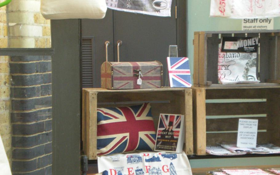From the Union Jack to British currency, iconic British symbols adorn tea towels, stuffed animals, cushions and more at a Spitalfields shop.