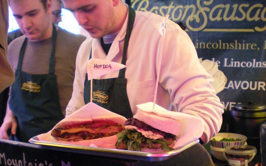 Sausages from Boston, Lincolnshire, smell as good as they taste at a Borough Market stall.