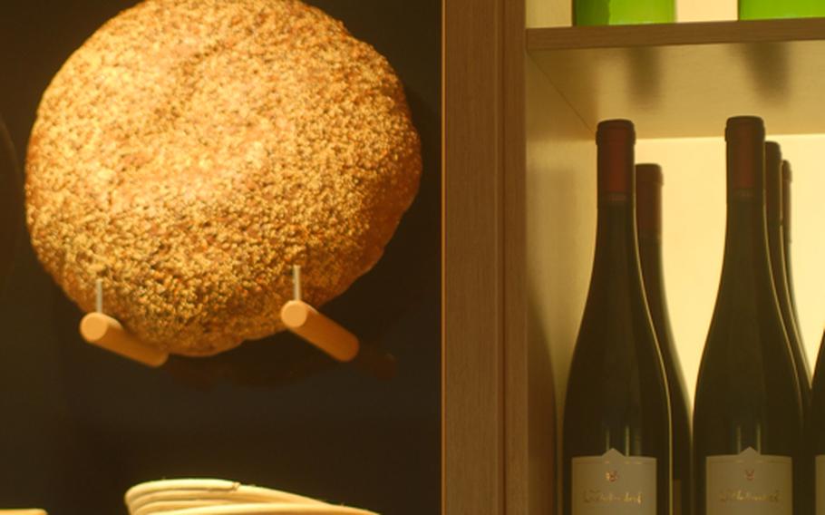 Bread and wine are among the staples at Paneo restaurant in downtown Kaiserslautern, Germany. This display reflects the restaurant's pride in being a part of "the bread culture."