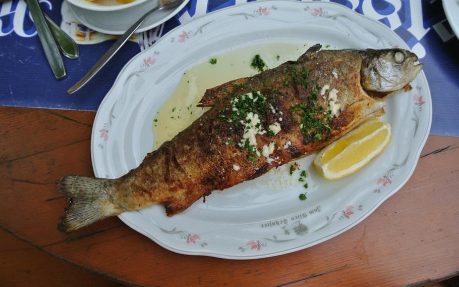 Roasted trout is one offering at Zum Alten Schuster, a traditional Bavarian restaurant with a few new ideas near the Grafenwöhr Training Area.