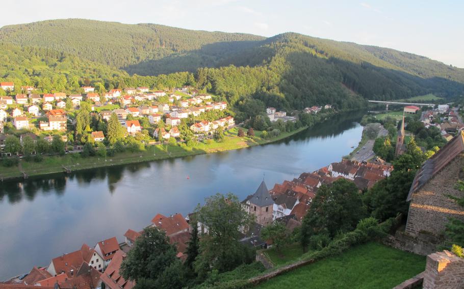 The view from the terrace of the Hirschhorn Castle restaurant is stunning, with the Neckar River weaving a path through the hills of the Odenwald.