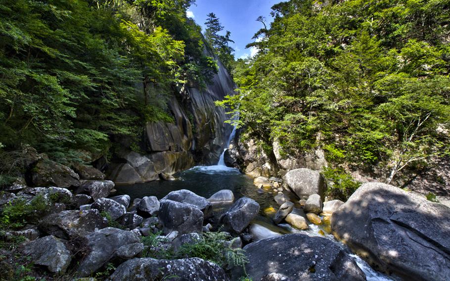 Sengataki Falls is one of the many beautiful sights in Shosenkyo Valley in Yamanashi prefecture, Japan. 