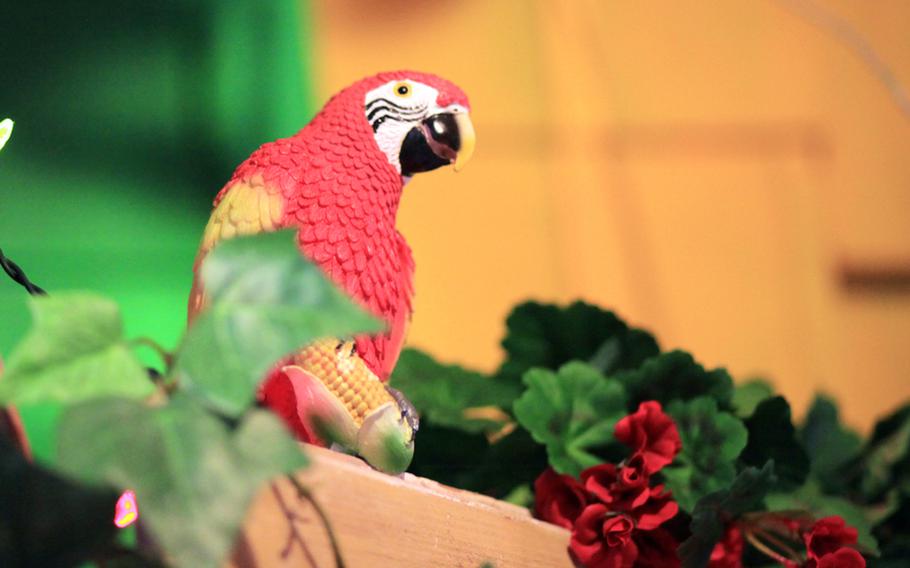 A fake parrot holding an ear of corn in its claws is among the kitschy items decorating El Popo Limburg in Heerland, Netherlands.
