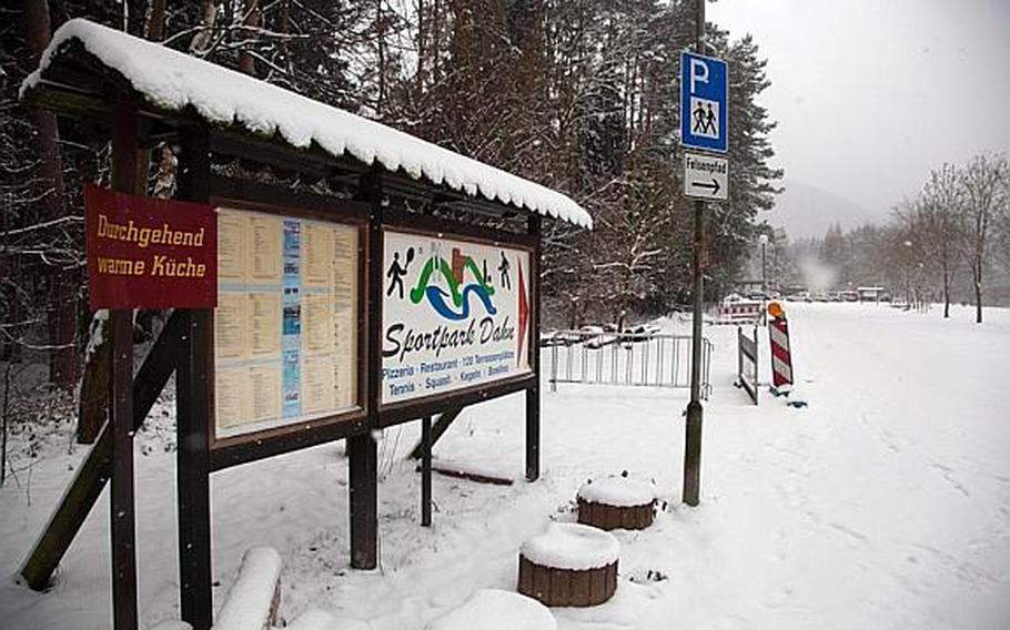 Sportpark Dahn in Germany is one of two recommended parking areas for hikers, and, with warm food and drinks, is also a good place to end a hike.