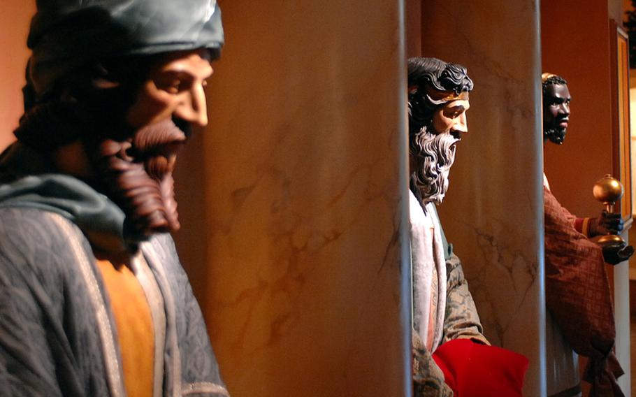 Life-size statues of the biblical three kings are displayed in the ArsKrippana exhibition at Ardenner Cultur Boulevard in Losheim, Germany, Wednesday, Dec. 19, 2012.