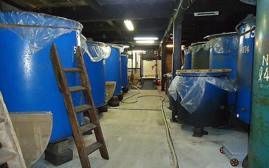 Tanks full of sake at the Umegae sake brewery in Sasebo contain approximately 4,300 1.8 liter bottles each. They are just waiting to be cracked open, bottled and sold. Tours and tastings can be arranged upon request.