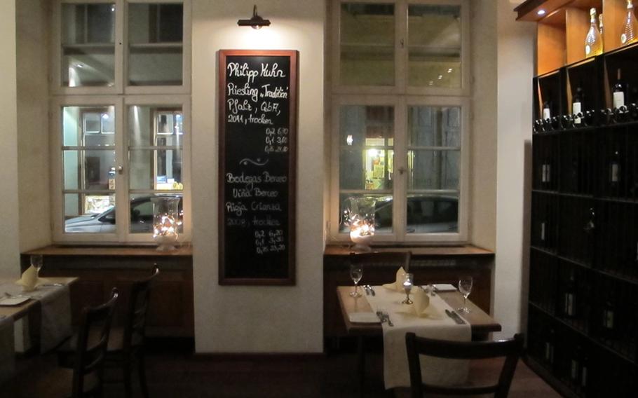 A chalkboard lists the day's wine selections at Oskar Vinothek and Restaurant in Heidelberg, Germany's old town.

Nancy Montgomery/Stars and Stripes