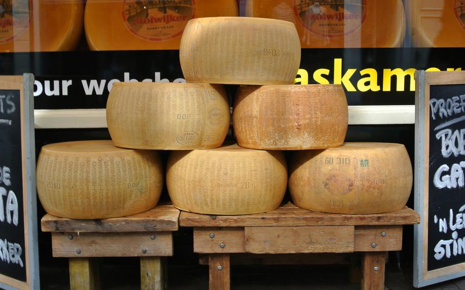 Although Holland is known for its own cheese, there was Italian Parmesan for sale at an Amsterdam cheese shop.
