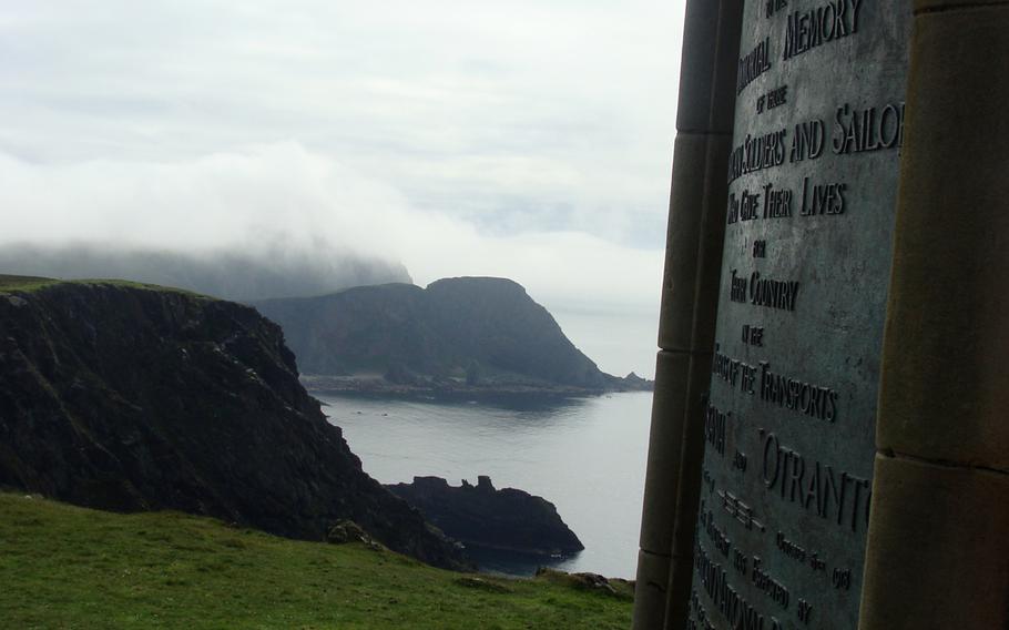 The American memorial on the Mull of Oa on Scotland's Isle of Islay. The cliffs in the background look beautiful, but they proved deadly for victims of the 1918 sinking of the troopship Tuscania.

Mark D. Van Ells/Special to Stars and Stripes