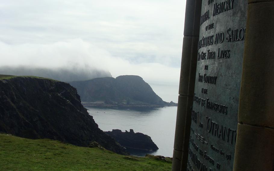 The American memorial on the Mull of Oa on Scotland's Isle of Islay. The cliffs in the background look beautiful, but they proved deadly for victims of the 1918 sinking of the troopship Tuscania.

Mark D. Van Ells/Special to Stars and Stripes