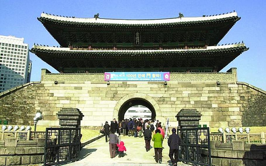 Namdaemun Gate in Seoul, South Korea, as it appeared in 2006. Originally built in 1398, the gate has withstood numerous invasions during the Japanese colonial invasion.
