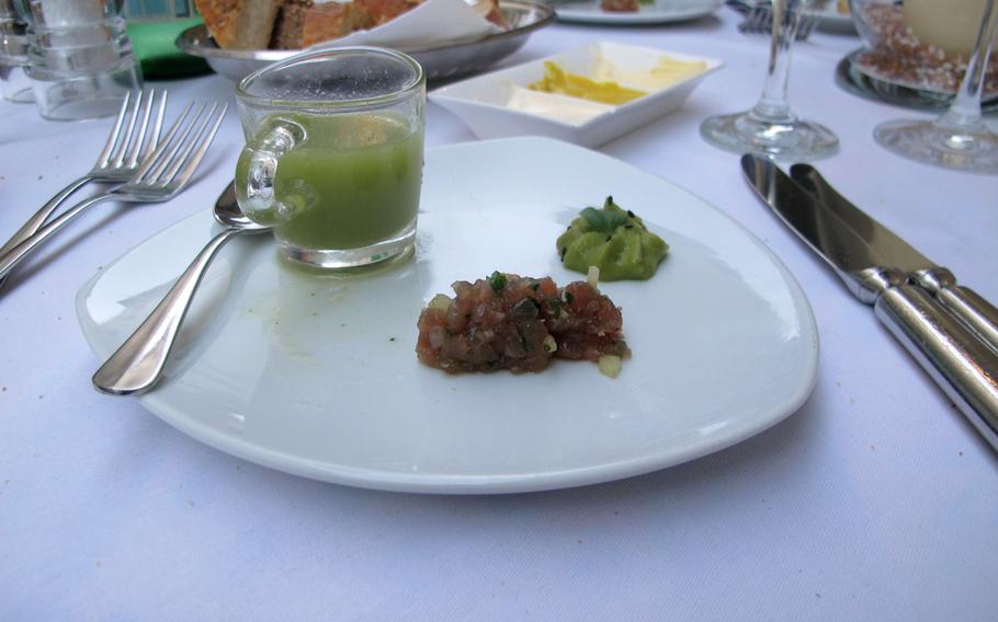 A luxurious meal at the Weisser Bock in Heidelberg began with a tiny cup of wasabe soup and tuna carpaccio with avocado.