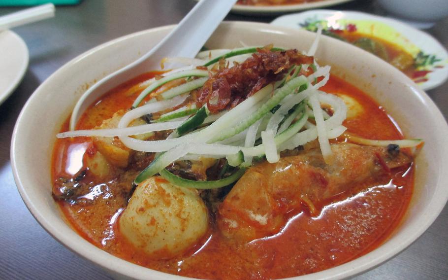Nyonya laksa is a regional version of the popular Malaysian dish made with chili, shrimp and coconut milk, and costs the equivalent of $2 or $3 at many restaurants in Melaka.
