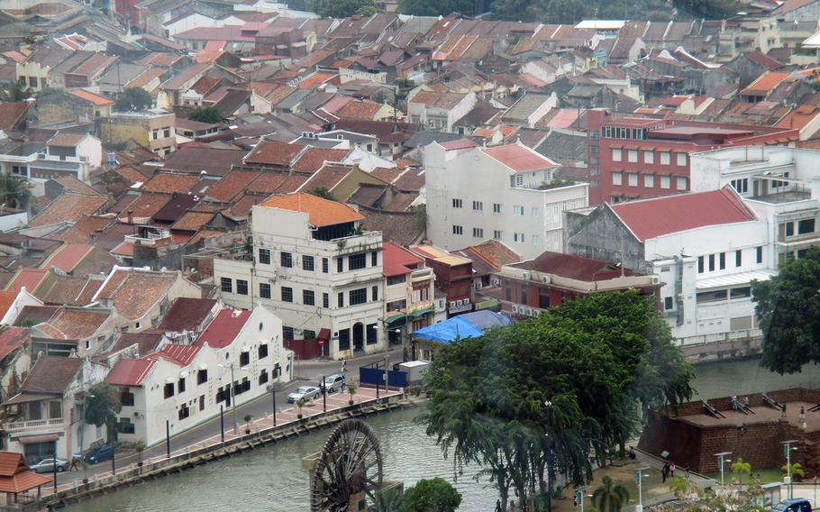 The rooftops of Melaka's historic Chinatown, as seen from the rotating Menara Taming Sari tower.