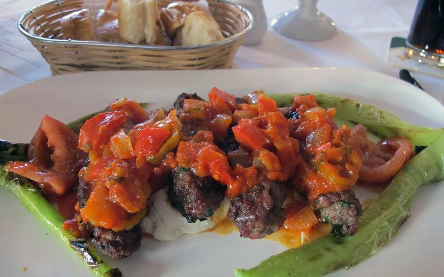 Aspendos, a Turkish restaurant in downtown Stuttgart, specializes in grilled meats and fish. Here is grilled lamb served on yoghurt and topped with a red-pepper sauce.