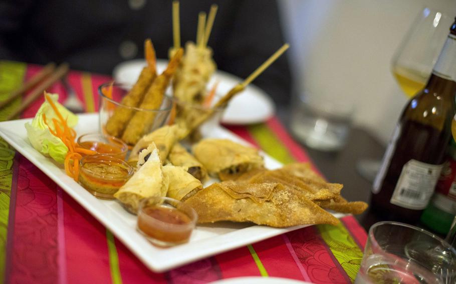 The appetizer plate at thaicafe in downtown Naples. The spring rolls and breaded shrimp were excellent, the satay a bit dry and the "croccantini" sort of dull.

Steven Beardsley/Stars and Stripes