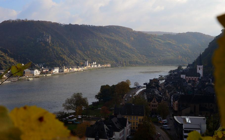 A view of Germany's Rhine Valley and the village of Sankt Goar from Burg Rheinfels' vineyards. On the far side of the Rhine River sits Burg Katz and the village of St. Goarshausen.