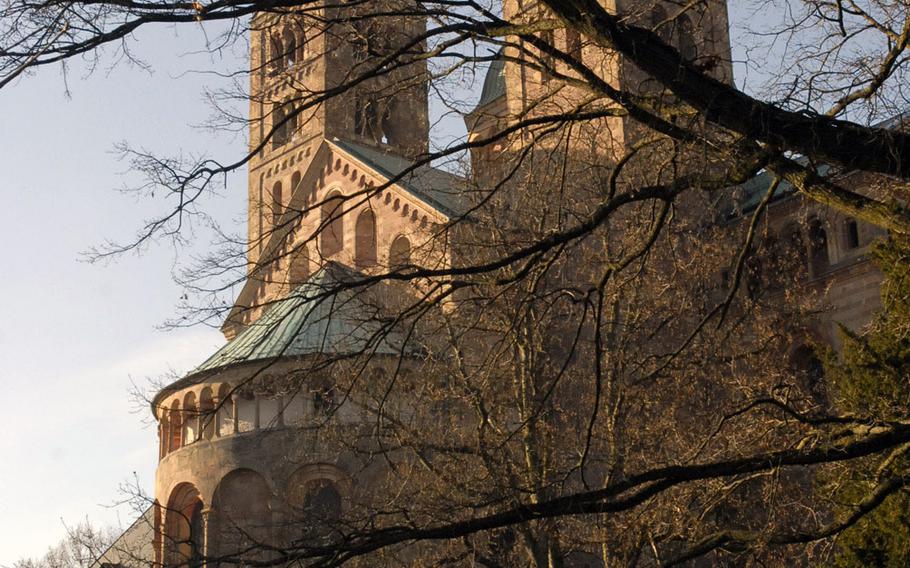 Two of the Speyer cathedral's four towers can be seen from the gardens surrounding the east end of the basilica. The large stone structure dominates the city landscape of Speyer, one of Germany's oldest cities.