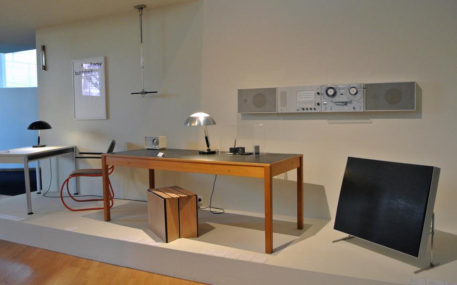 Furniture and electrical appliances, including a wall-mounted stereo set, are on display in the "Frankfurt Room" at the Museum Angewandte Kunst, or Applied Arts Museum, in Frankfurt. The room features objects designed in Frankfurt.
