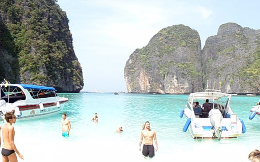 The view from the beach of Phi Phi Leh's Maya Bay. Danny Boyle's "The Beach" starring Leonardo DiCaprio was filmed here. In post-production, the outlet to open ocean was filled in, making the bay look completely hidden from the outside.