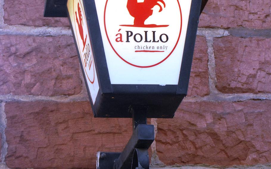 A light fixture adorns the exterior of á Pollo in Kaiserslautern, Germany. 