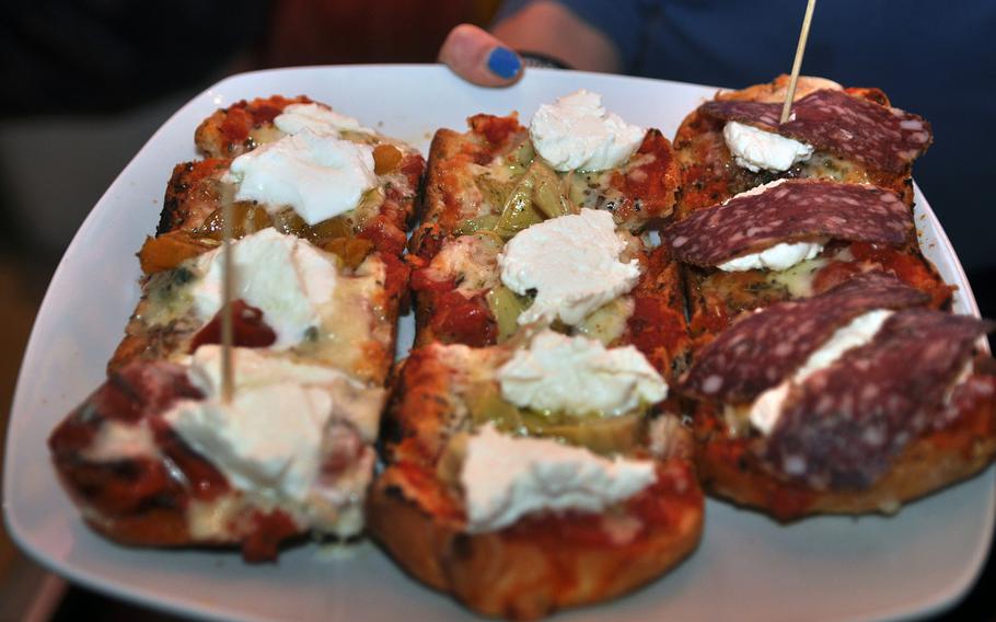 The bruschette at Small Pub, about two miles from Aviano, is divided into pieces so a group of friends can sample different combinations.